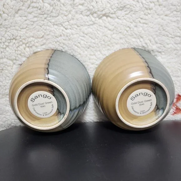 Vintage Sango Gold Dust Green 5040 5" Ice Cream Bowls Mixing Textured Set of 2 - Picture 2 of 6